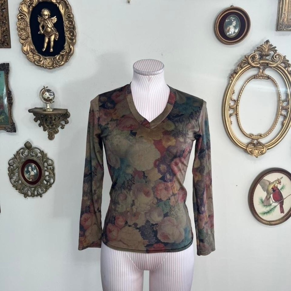 Vintage Y2k Cheryl Creations Floral Velvet V-Neck Top Medium Olive Green